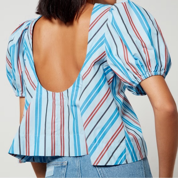 Ganni Striped Cotton Open-Back Blouse - EU 42/US 10 - Picture 2 of 8